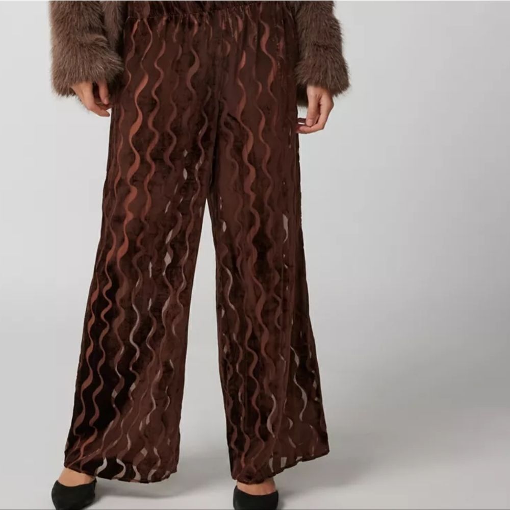 Burnout wavy pattern velvet, wide leg pull up pants, brown size M New - Picture 3 of 6